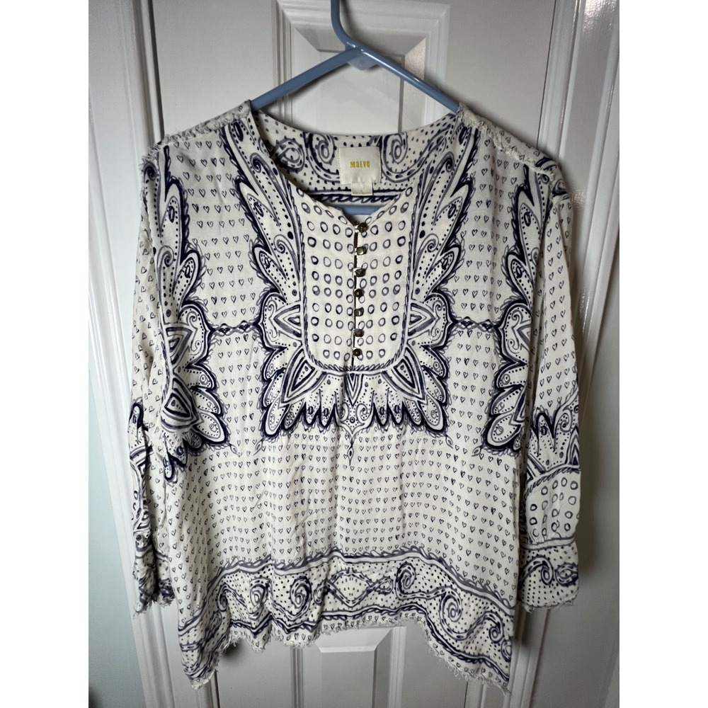 Maeve Anthropologie Navy White Heart Paisley Boho Button Front Blouse Large